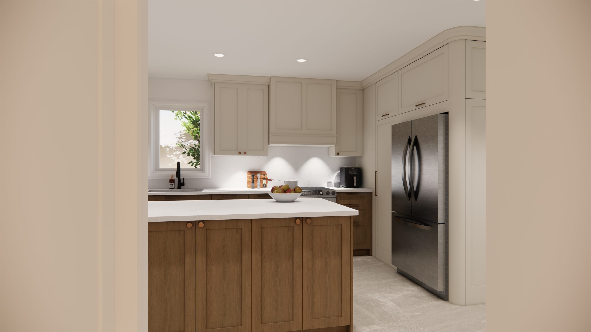 Rendu 3D de la cuisine vue depuis l'entrée, réfrigérateur encastré dans des armoires crème, résidence de Québec